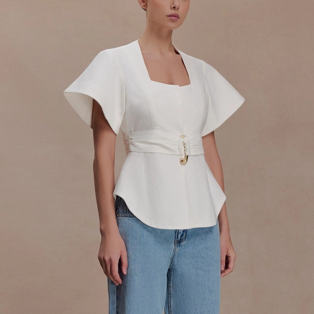 NEW Meshki Liberty Cotton Short Sleeve Top White Square Neck Peplum Size XL Belt